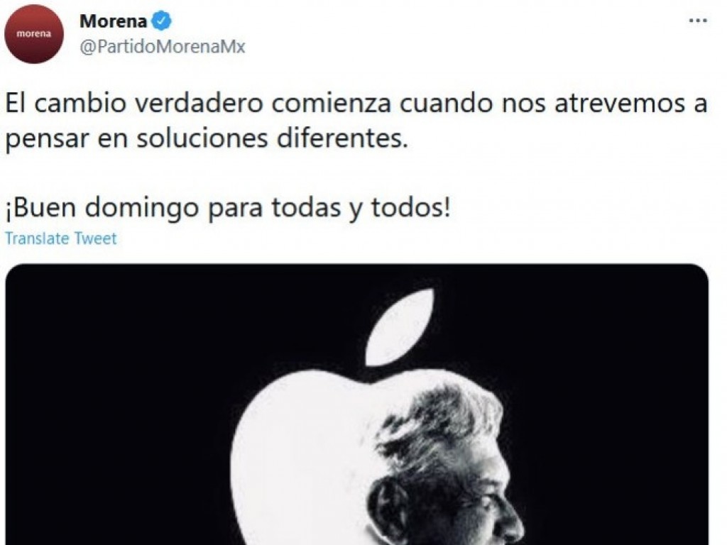 Usa Morena logotipo y eslogan de Apple en redes sociales via  @laviejaguardiaa